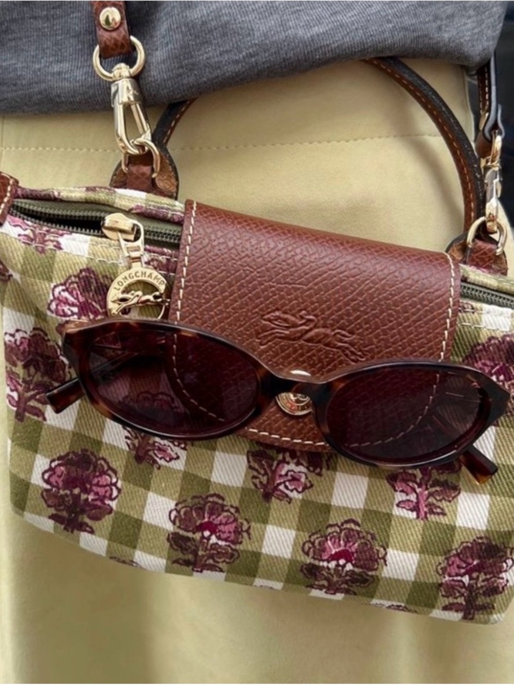ISO!!!!!!!Longchamp Olive Green Plaid Floral Mini Bag with Brown Leather Trim